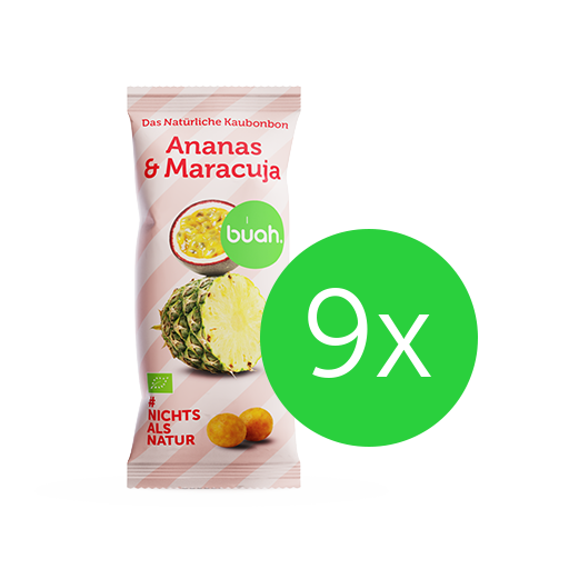Produktbild Verpackung Ananas-Maracuja Kaubonbons von buah mit Badge 9x