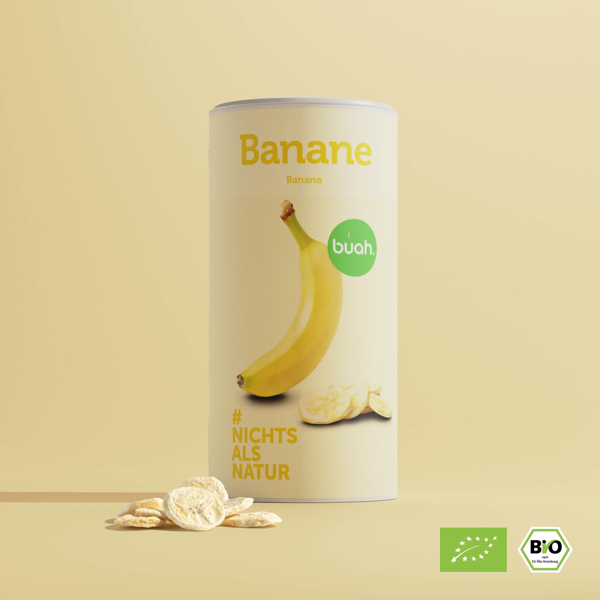 buah grande lattina di banana con qualche banana liofilizzata davanti alla lattina