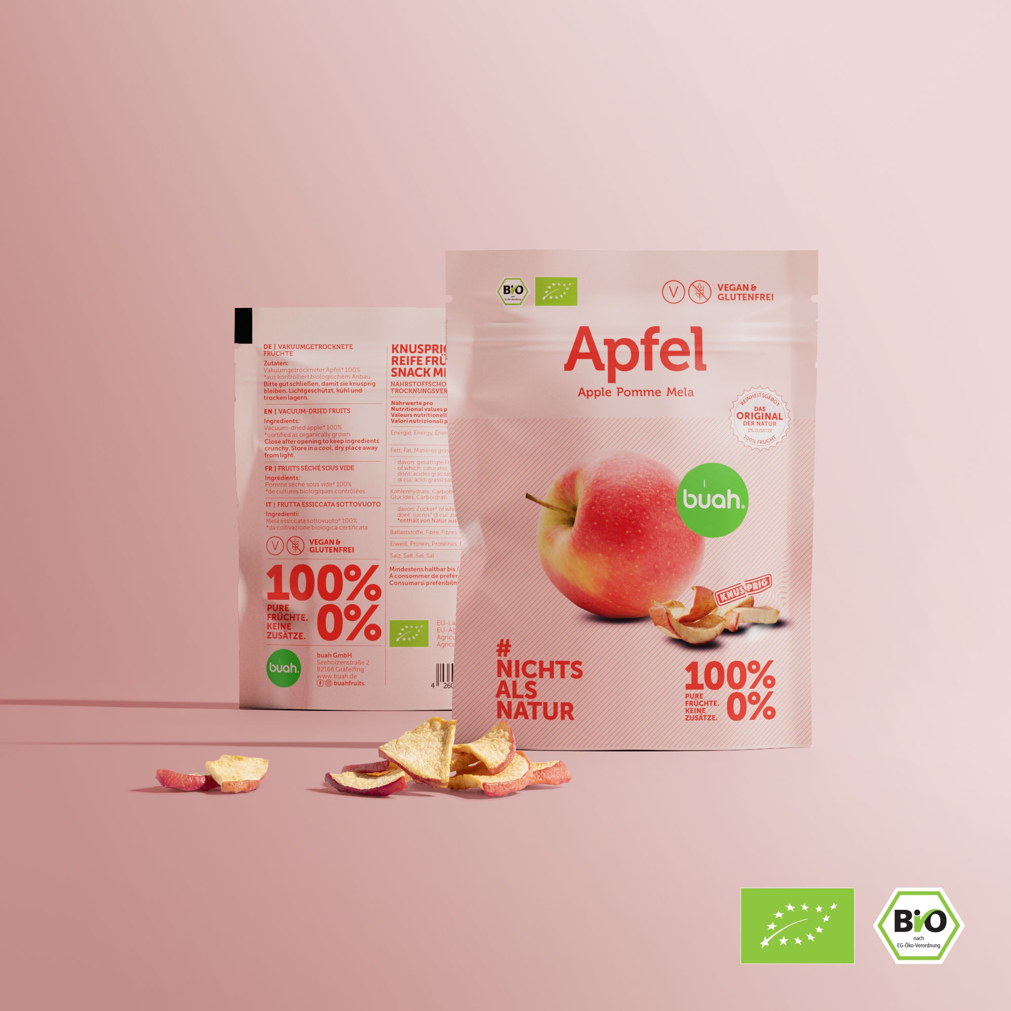 buu Confezione monodose mela essiccata sotto vuoto su uno sfondo rosa