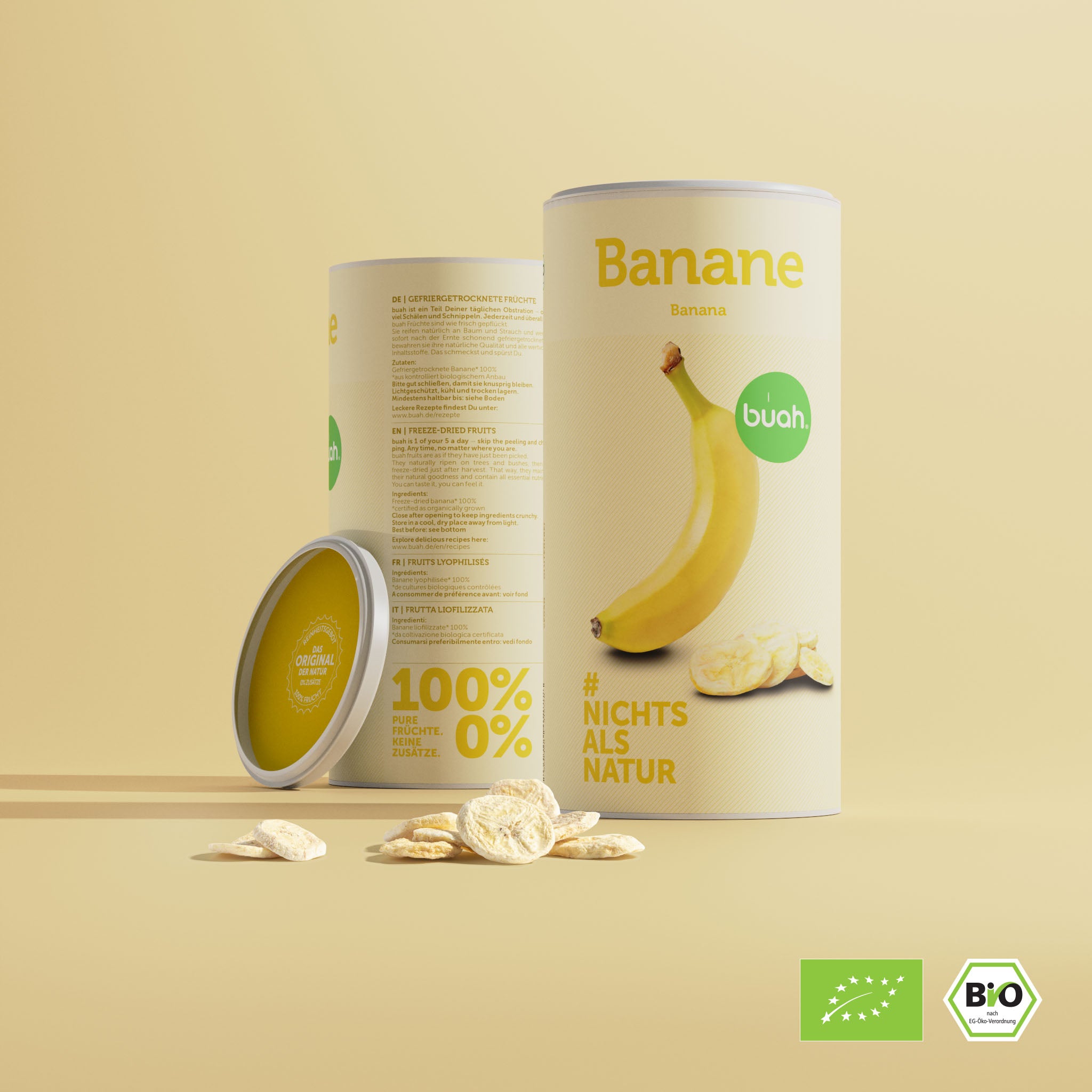buah Dose Banane von Vorne und Hinten mit Haufen gefriergetrockneter Banane davor