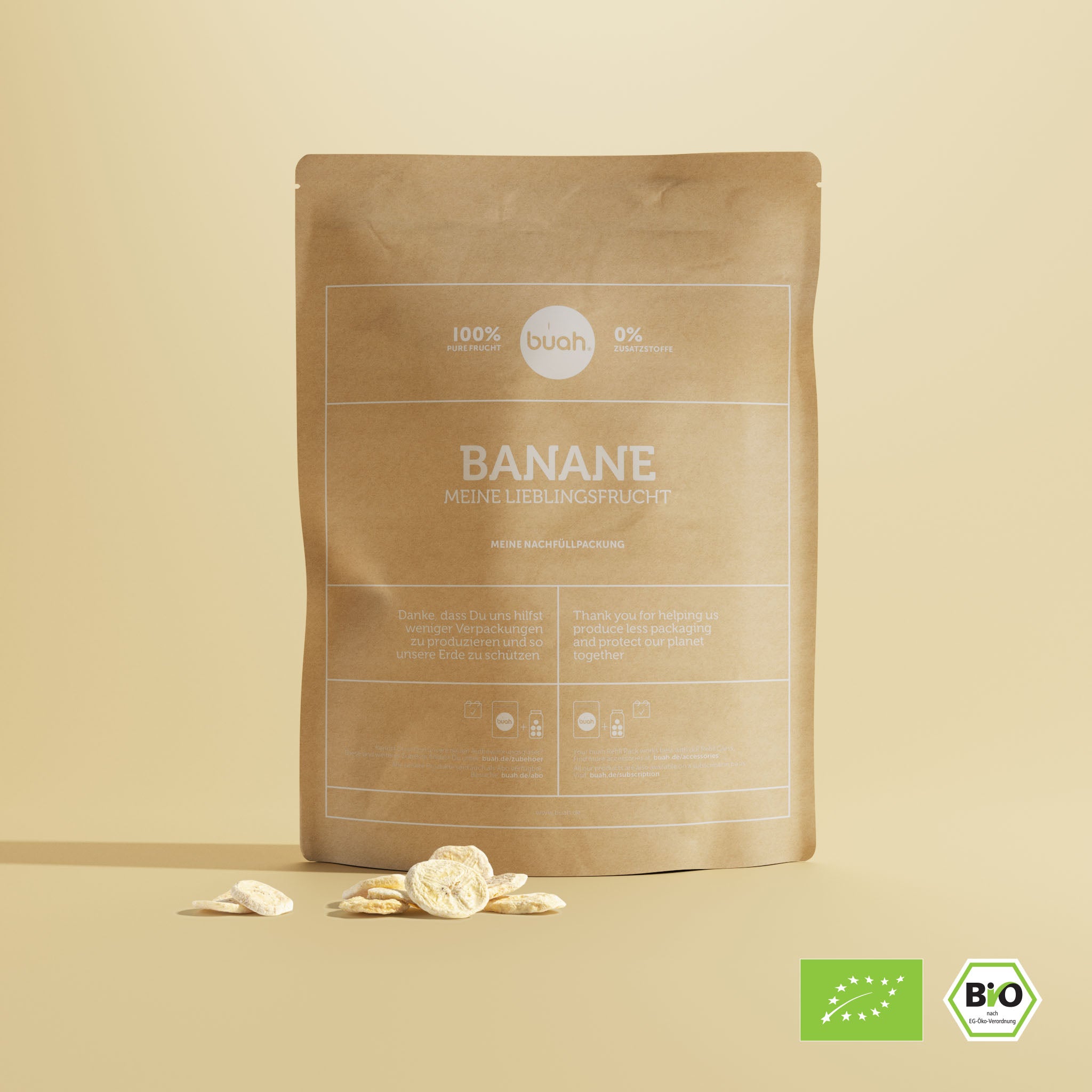 Vorteilspackung buah gefriergetrocknete Banane in brauner Papierverpackung