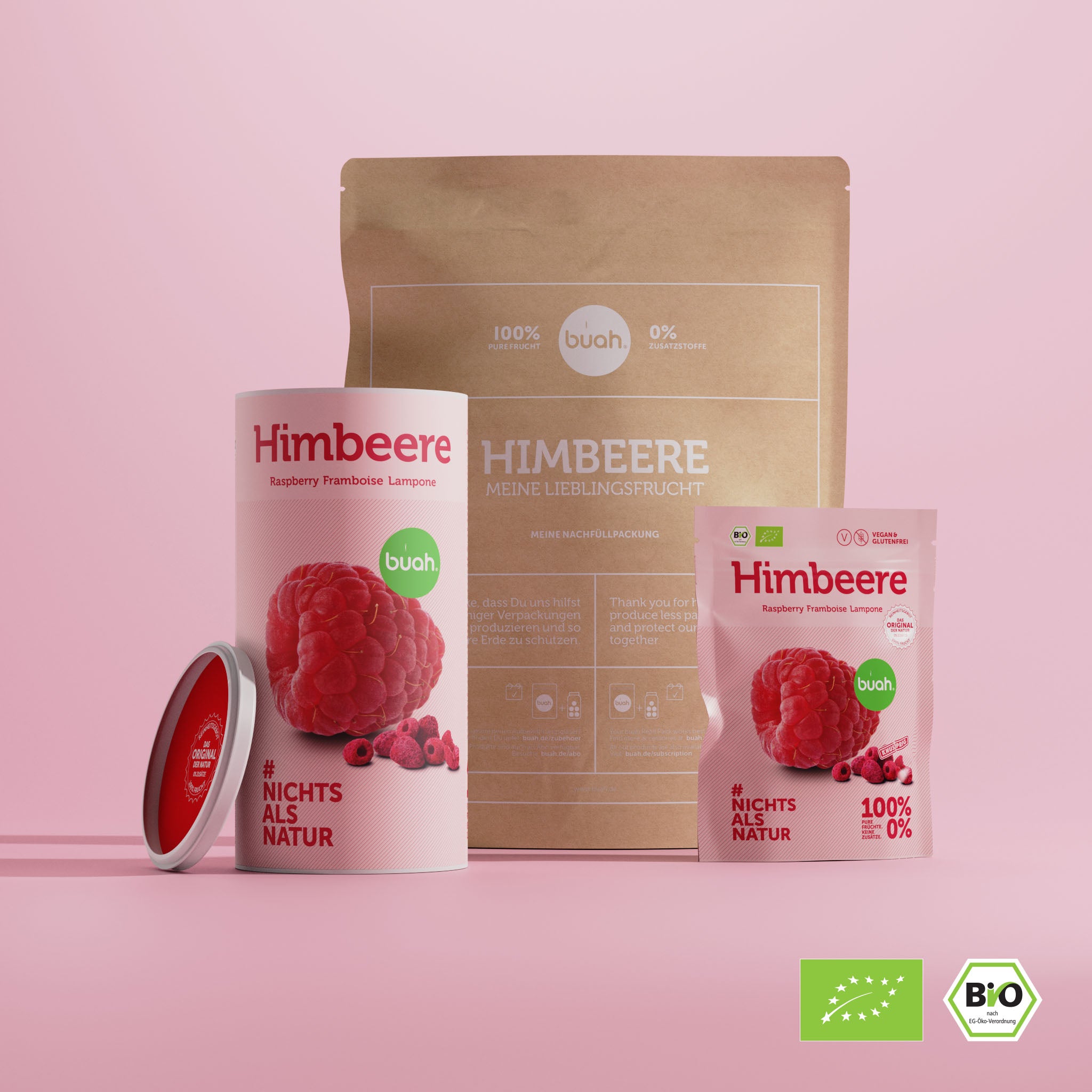 buah gefriergetrocknete Himbeere in den Varianten Snackpack, grosse Dose und Vorteilspack stehen nebeneinander