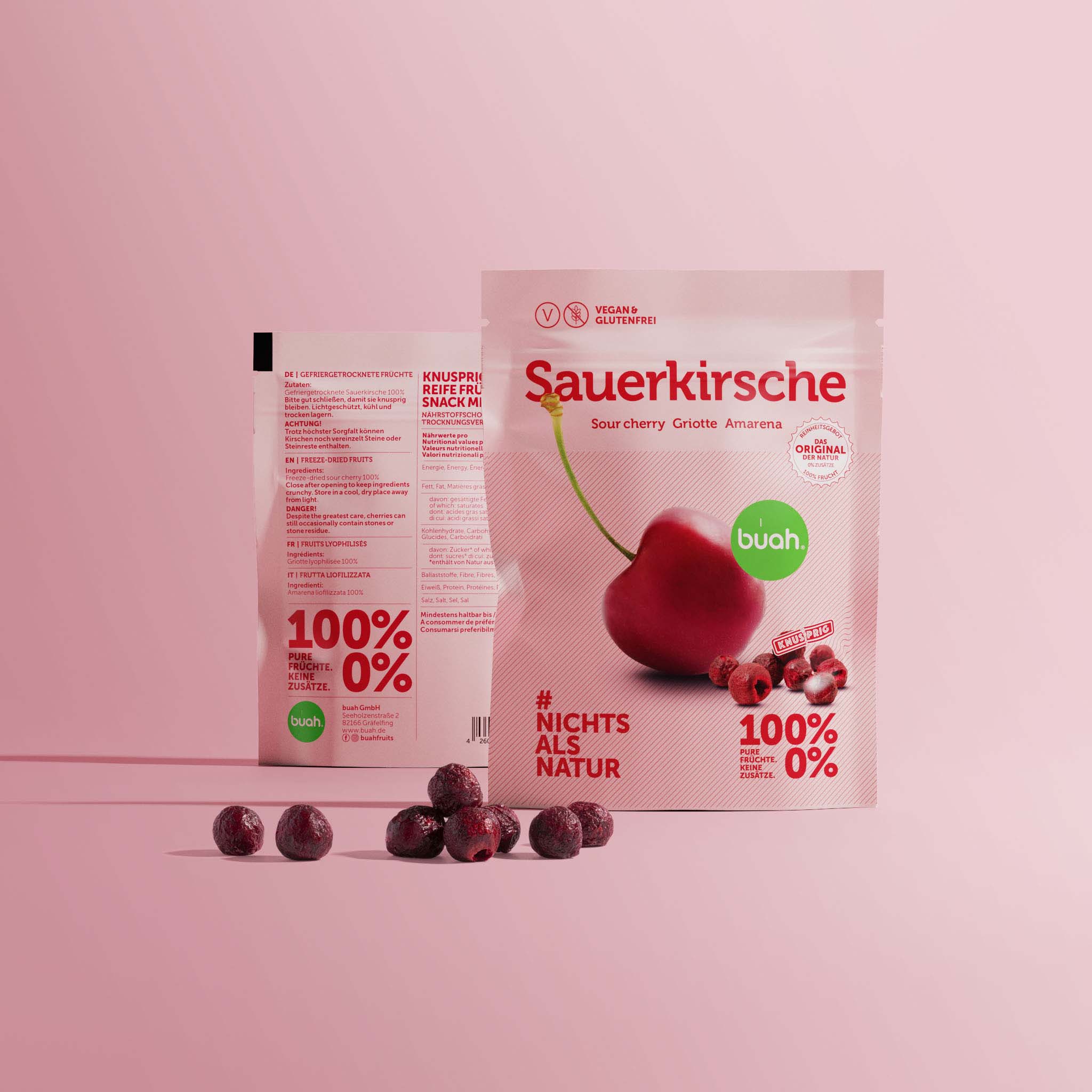 buah ciliege acide dentro Confezione monodose con amarene adagiate davanti al pacco