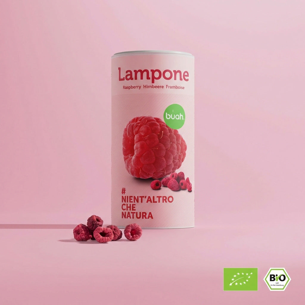 Barattolo buah «Lampone» con un lampone raffigurato e lamponi liofilizzati davanti; visibili i marchi biologici e la frase «NIENT’ALTRO CHE NATURA».