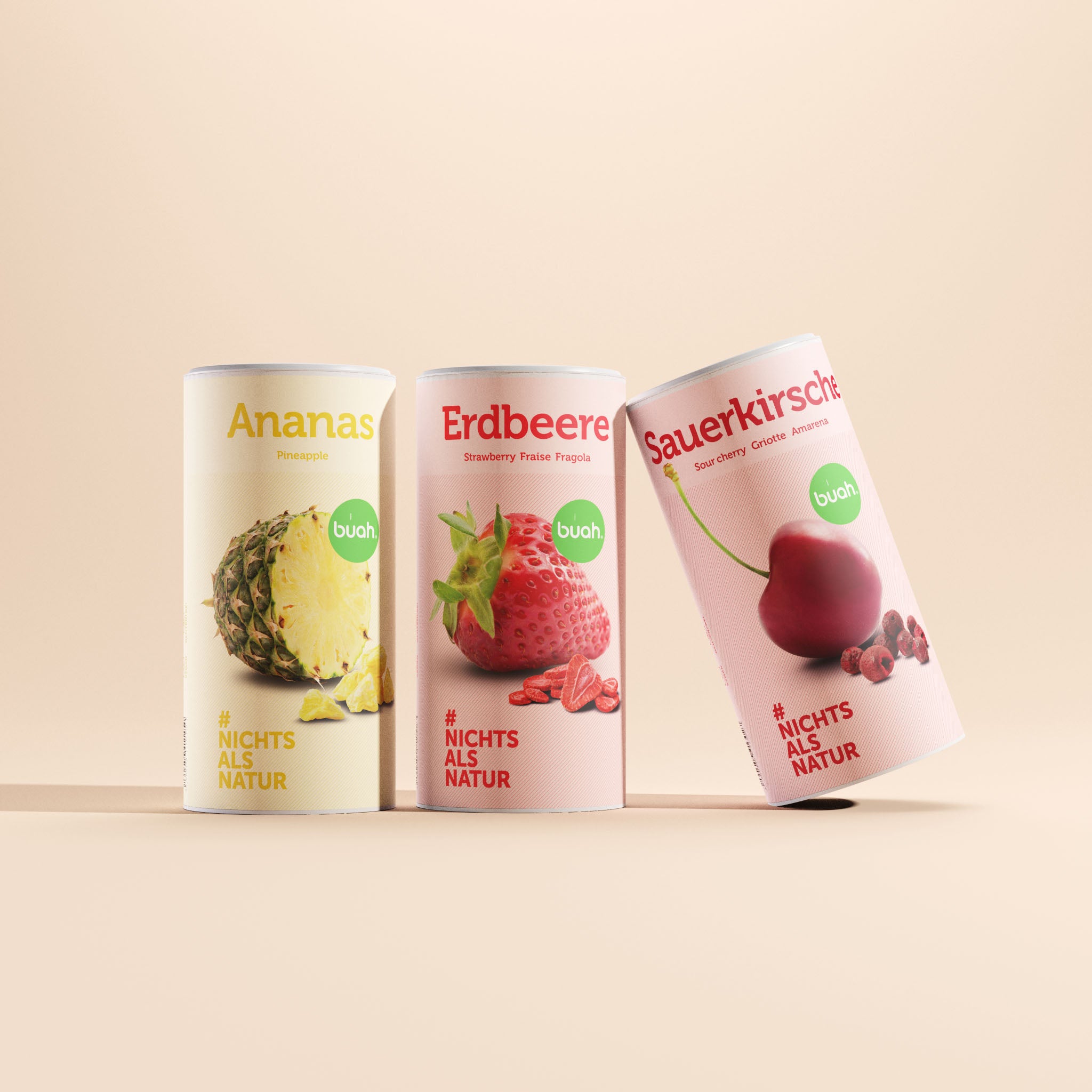 Dose buah Sauerkirsche lehnt an Dose buah Erdbeeren die neben einer Dose buah Ananas steht