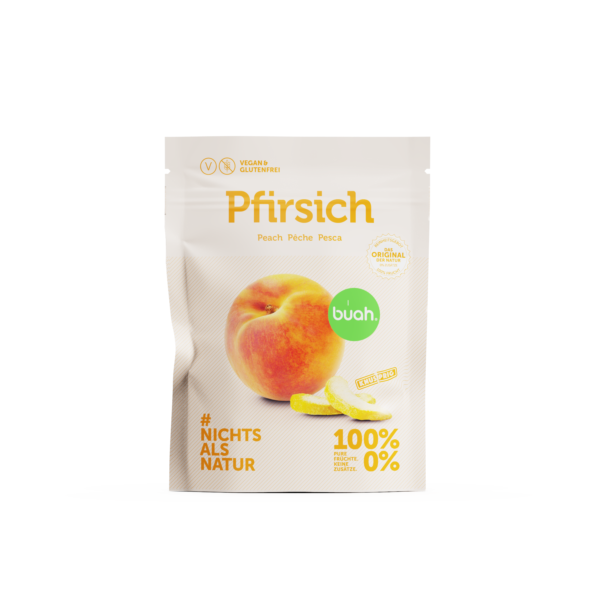 buah Snackpack Pfirsich mit einem kleinen Haufen gefriergetrockneter Pfirsiche im Vordergrund