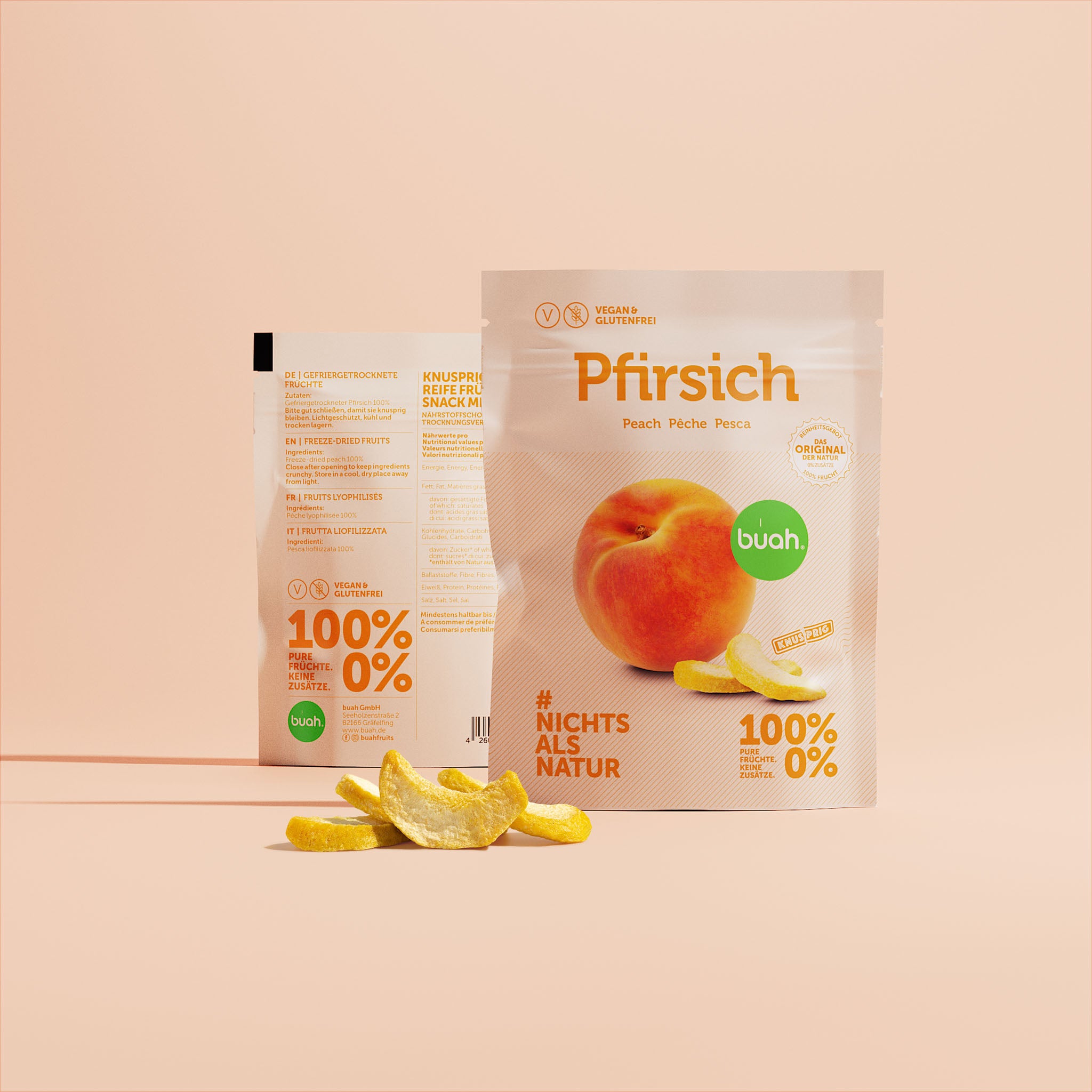 buu Confezione monodose Pesca con un piccolo mucchio di pesche liofilizzate in primo piano