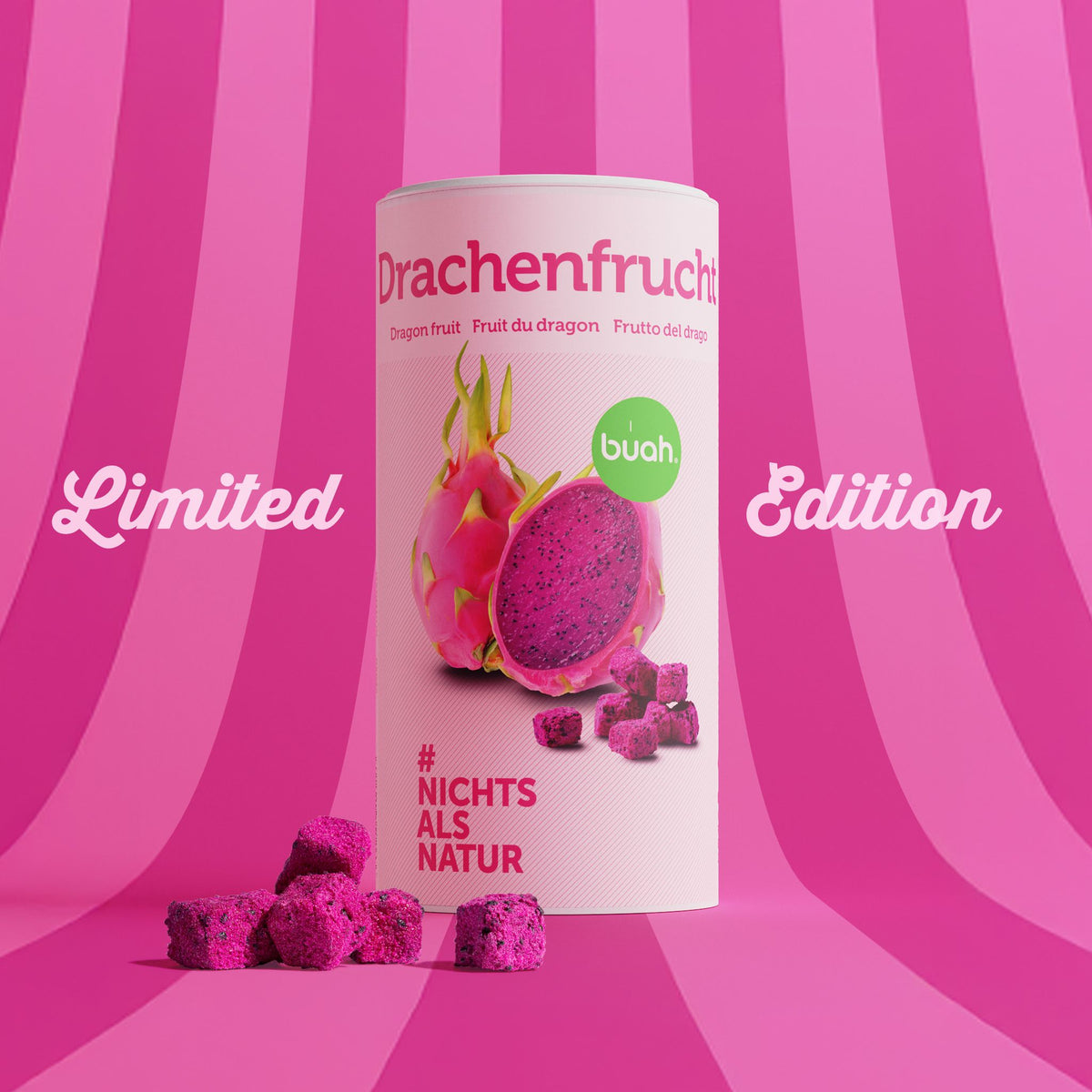 Dose buah gefriergetrockente Drachenfrucht vor einem pink, rosa gestreiftem Hintergrund mit den Worten Limited Edition