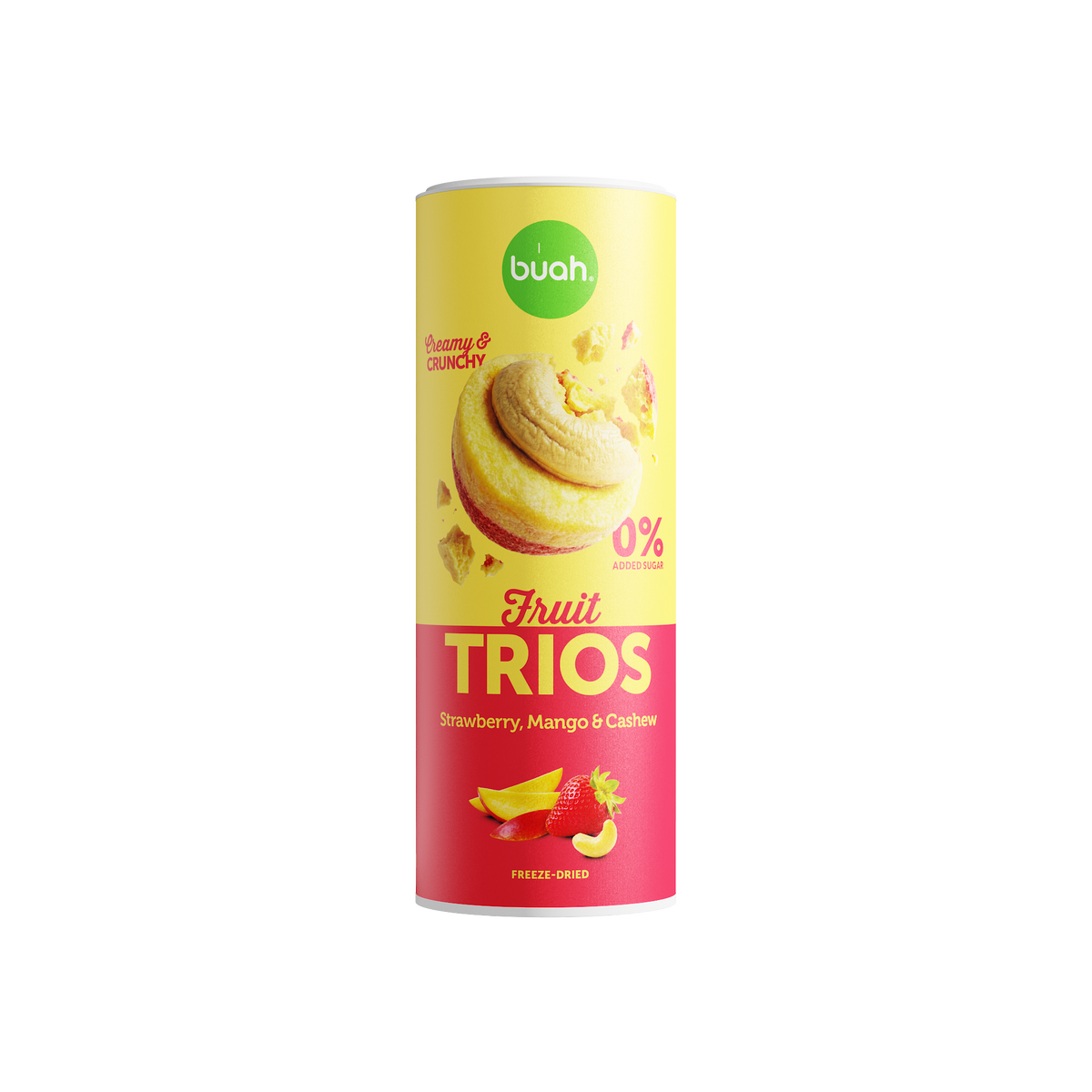 Eine hohe Slim-Dose buah Fruit TRIOS Strawberry, Mango & Cashew steht freigestellt auf einem weißen Hintergrund. Auf der Dose ist ein rundes Fruchtstück mit Cashewkern abgebildet.