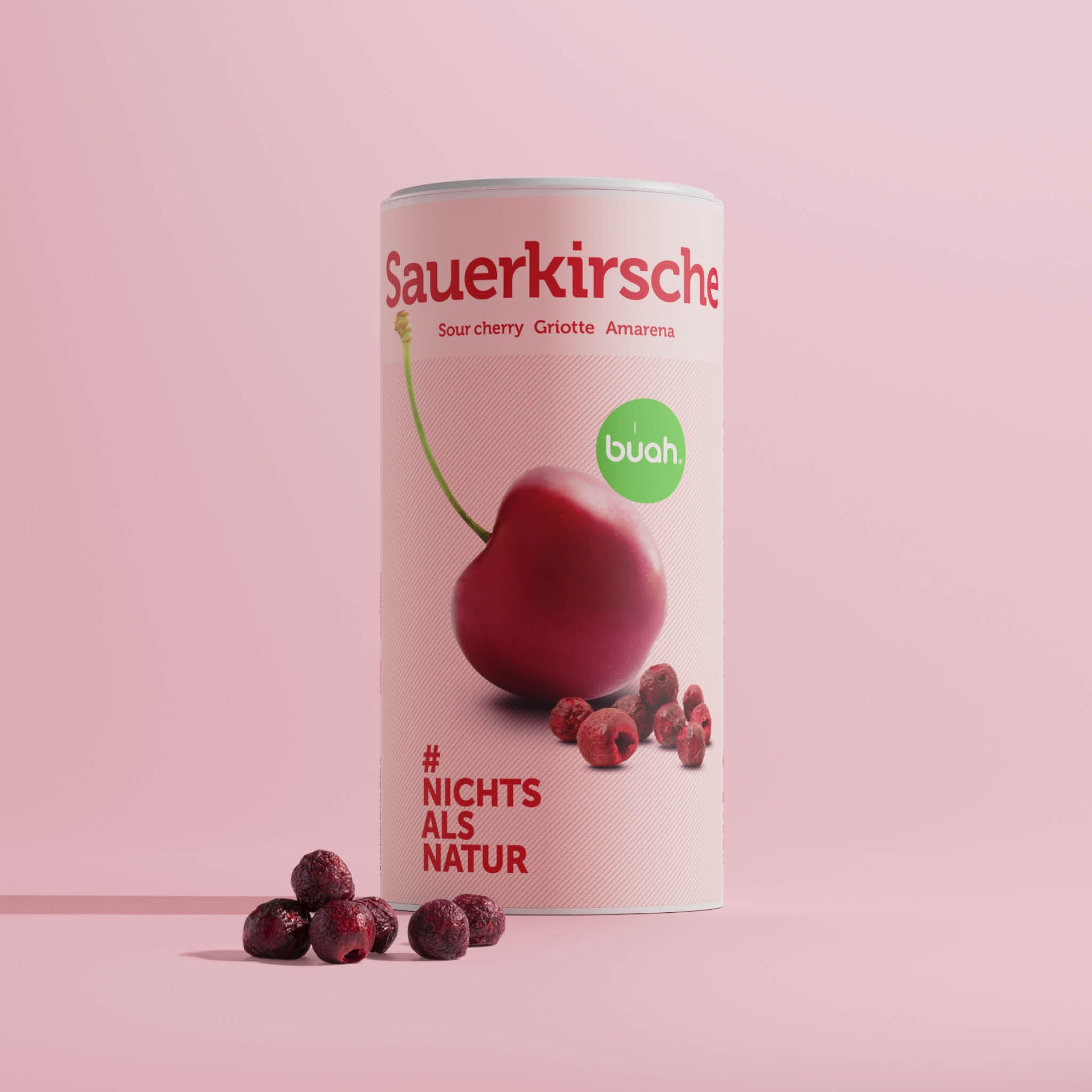 buah gefriergetrocknete Sauerkirschen in der grossen Dose