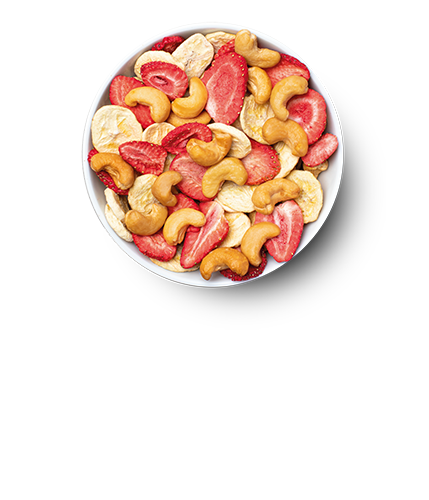 buah Frucht & Nuss Sorte Banane, Erdbeere und Cashew in einer Schale