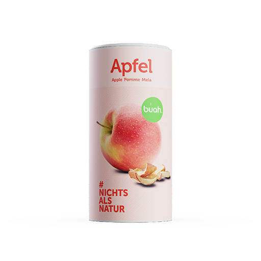buah grosse Dose vakuumgetrockneter Apfel mit Apfel Stuecken vor der Dose