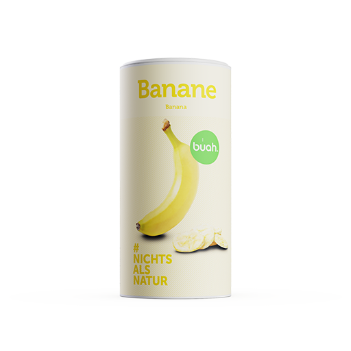 buah Dose Banane von Vorne und Hinten mit Haufen gefriergetrockneter Banane davor