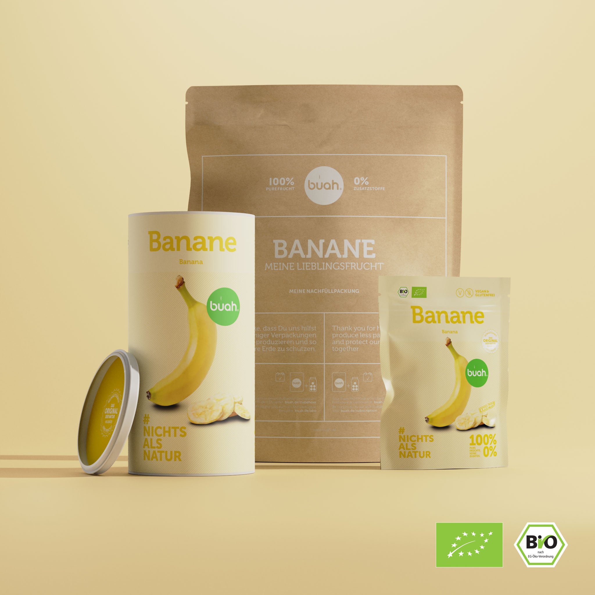 buah Banane als Snackpack, Dose und im Vorteilspack