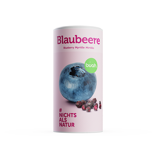 buah Dose Blaubeere Vorder und Rueckansicht mit Blaubeeren vor der Dose