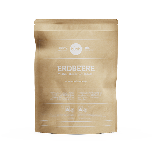 Grosse Papierpackung buah Refiller Erdbeere vor rosa Hintergrund