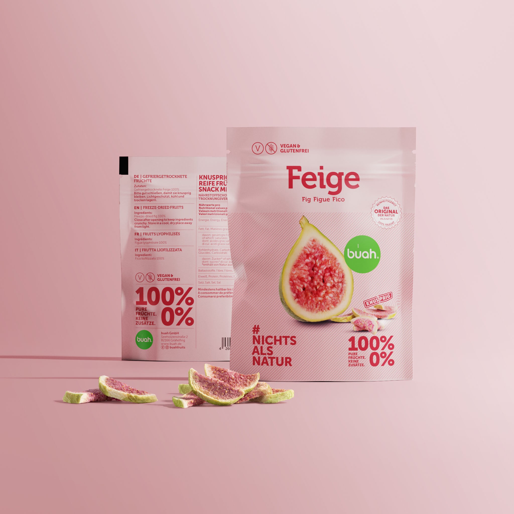 buah Snackpack Feige mit Abbildung einer aufgeschnittenen Feige und rosa Verpackung