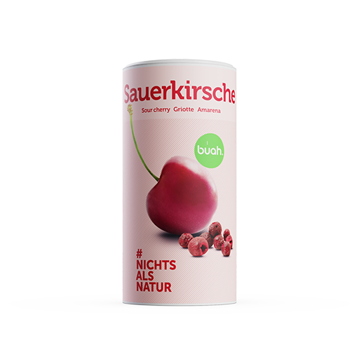 buah Sauerkirschen in der grossen Dose mit Abbildung einer Sauerkirsche darauf