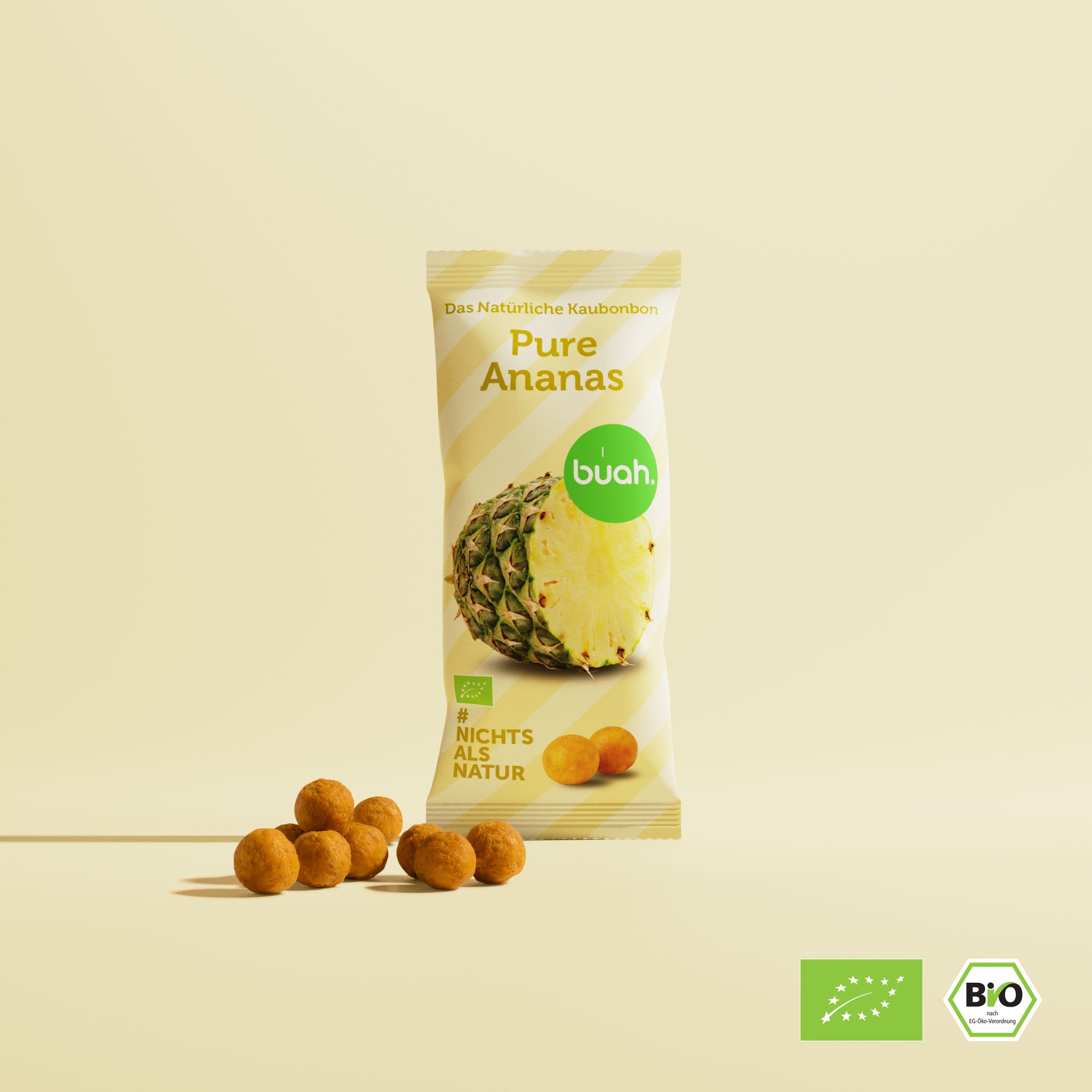 buah Ananas Kaubonbon Verpackung vor gelbem Hintergrund