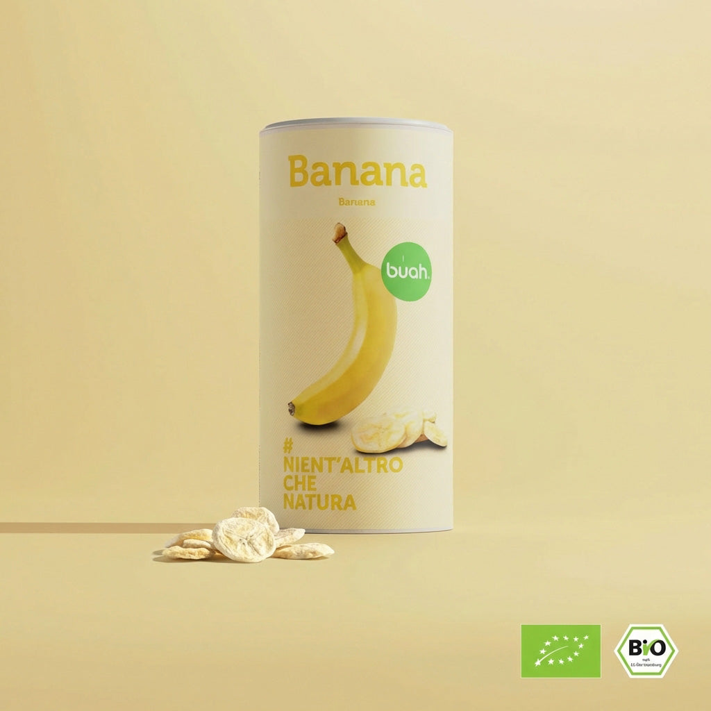 Barattolo buah «Banana» con una banana raffigurata e fettine di banana liofilizzata davanti; visibili i marchi biologici e la frase «NIENT’ALTRO CHE NATURA».