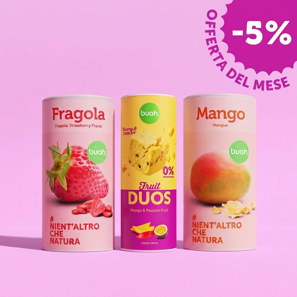 Inner Balance set. Tre grandi barattoli di frutta liofilizzata buah (fragola, kiwi dorato, mango) sono allineati su uno sfondo rosa. In alto a destra c'è un badge con la scritta "-5% OFFERTA DEL MESE".