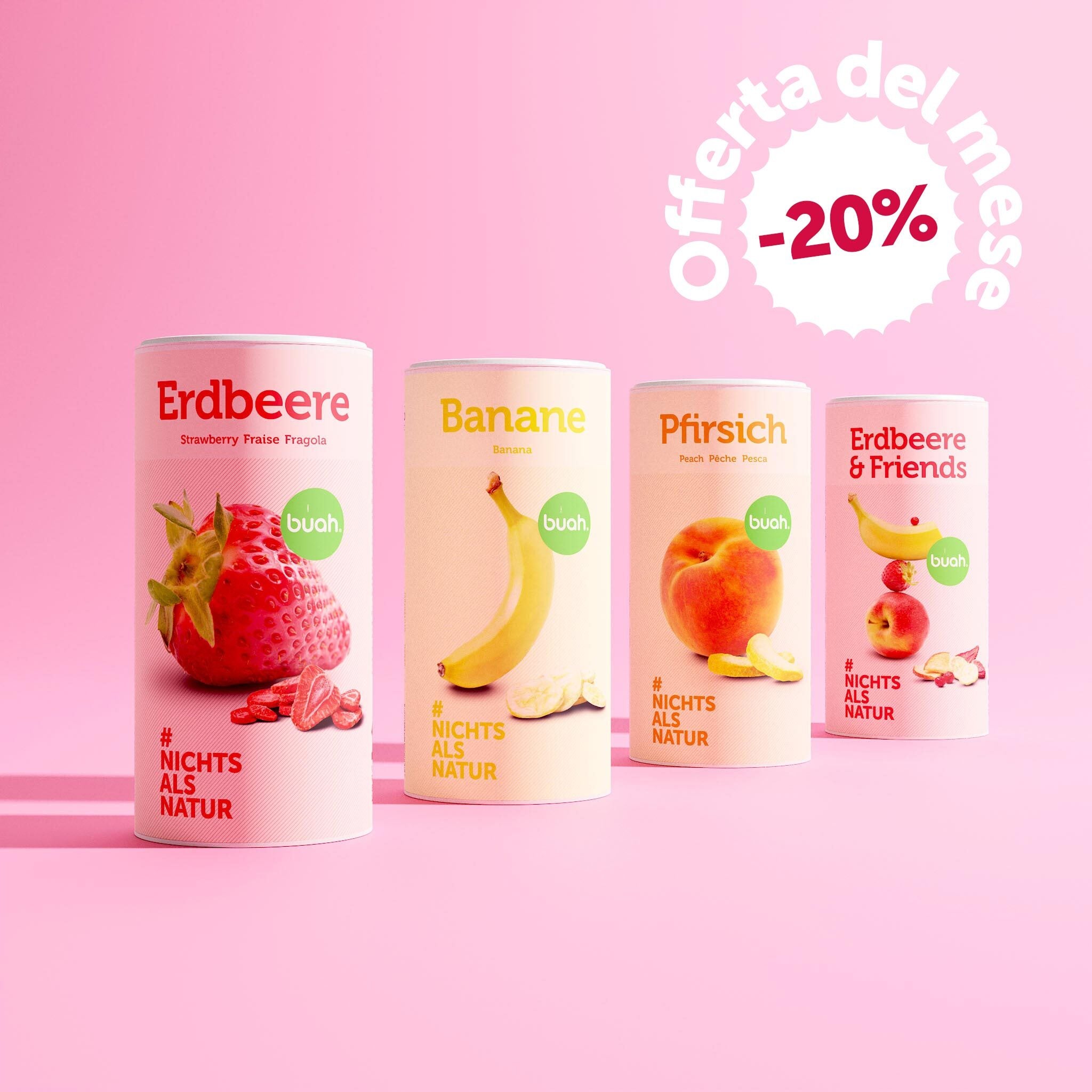 buah Deal des Monats mit 20 % Rabatt bestehend aus 4 grossen buah Dosen in Zylinderform, die nebeneinander stehen vor pinkem Hintergrund - Erdbeere, Banane, Pfirsich und Erdbeere&Friends