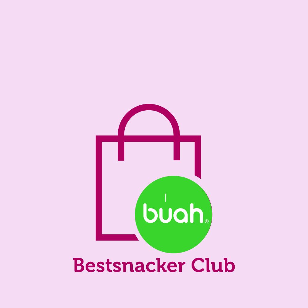 Icon buah Bestsnacker Club mit Icon einer Einkaufstasche und buah Logo vor lila Hintergrund
