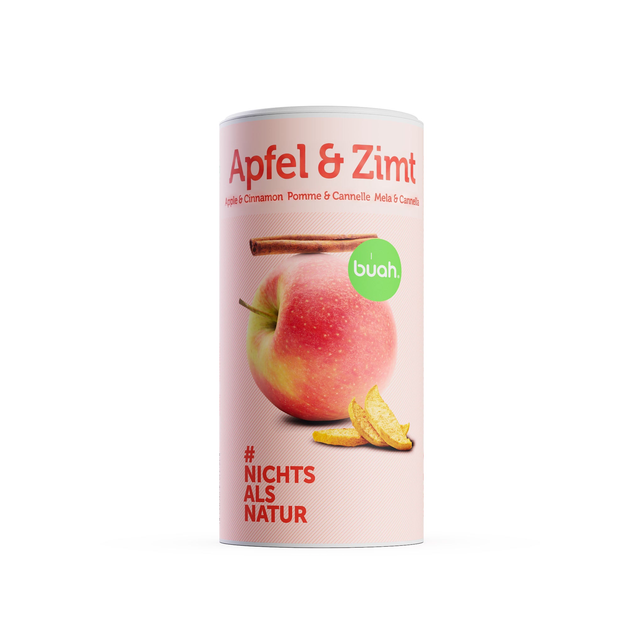 Eine große Dose buah gefriergetrocknete Früchte der Sorte Apfel & Zimt steht freigestellt auf einem weißen Hintergrund. Im Vordergrund liegen knusprige Apfelstücke.