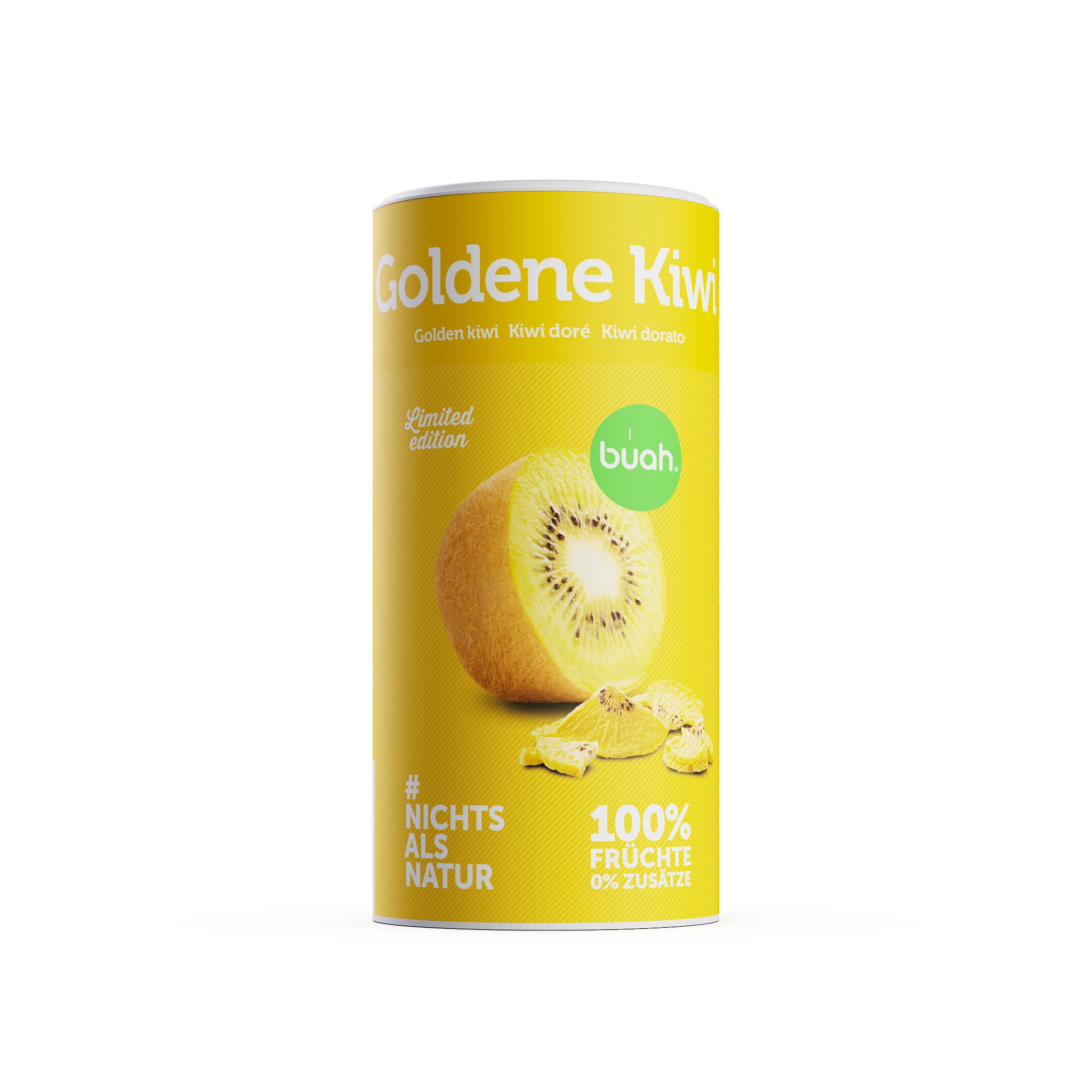 Eine gelbe Dose buah gefriergetrocknete Goldene Kiwi (Limited Edition) steht freigestellt auf einem weißen Hintergrund. Im Vordergrund liegen knusprige Kiwi-Stücke.