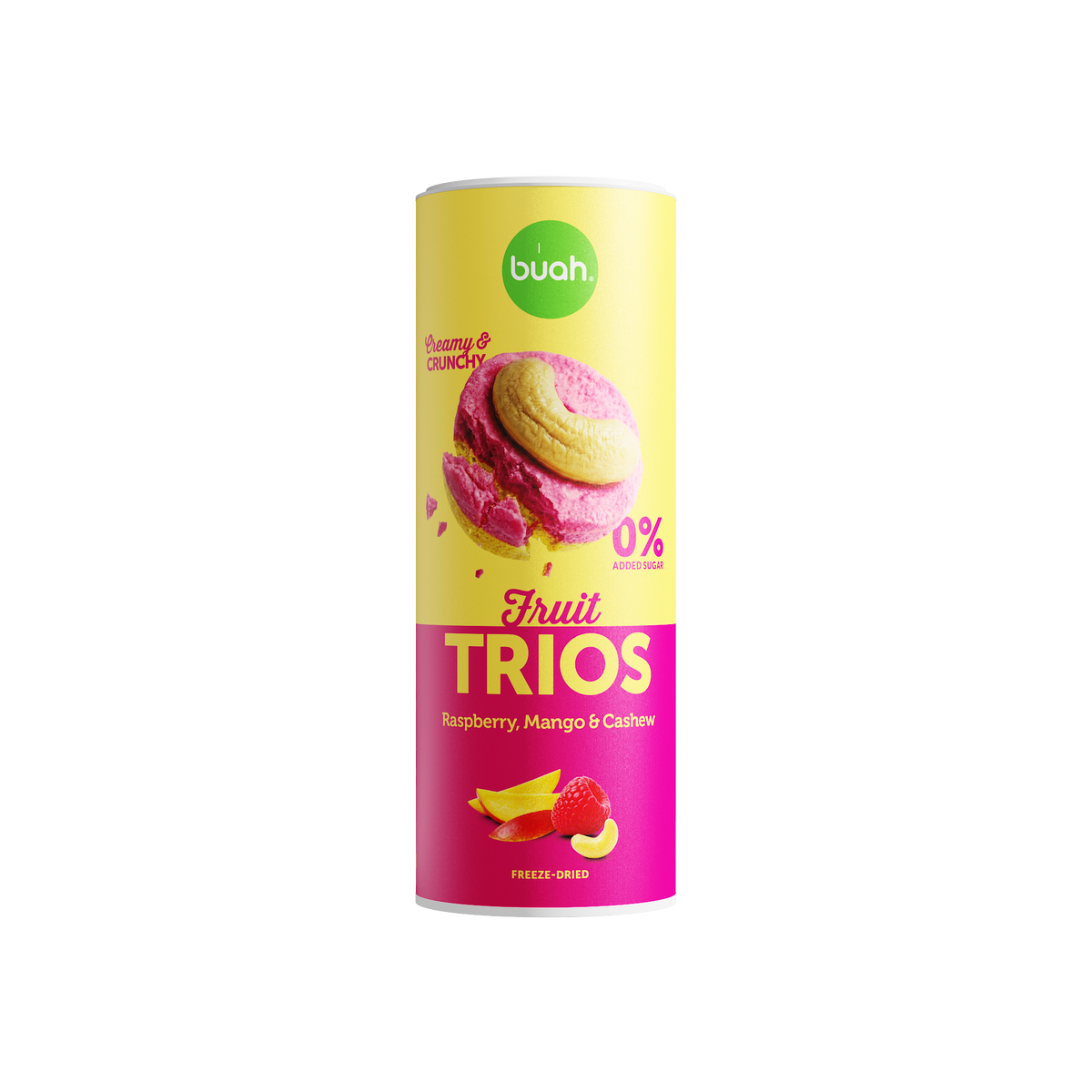 Eine hohe Slim-Dose buah Fruit TRIOS Raspberry, Mango & Cashew steht freigestellt auf einem weißen Hintergrund. Auf der Dose ist ein rundes Fruchtstück mit Cashewkern abgebildet.