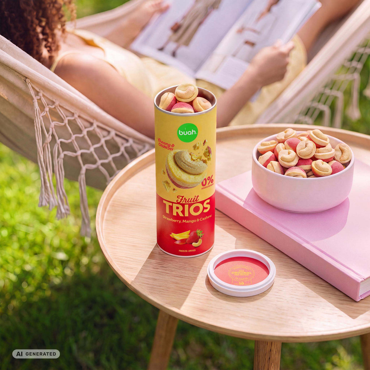 Neue Buah Trios Erdbeere, Mango & Cashew – Trios zum snacken im Garten neben einer Hängematte